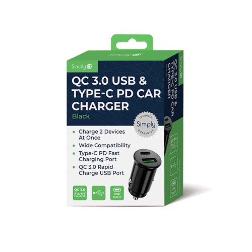 QC 3.0 USB & TYPE-C PD CAR CHARGER BLACK