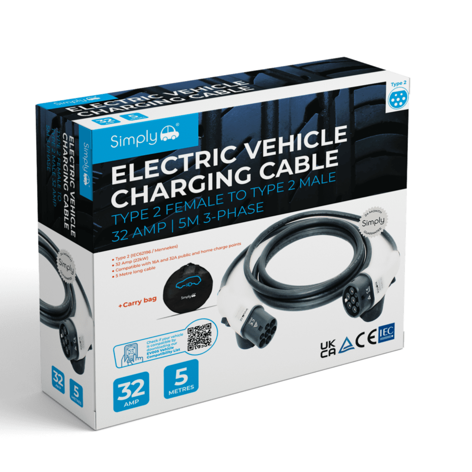 TYPE2 FEMALE -  TYPE2 MALE 32AMP 5M 3-PHASE EV CABLE 22kW