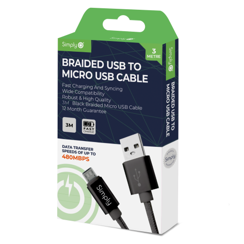 USB - MICRO USB BRAIDED CABLE 3M BLACK
