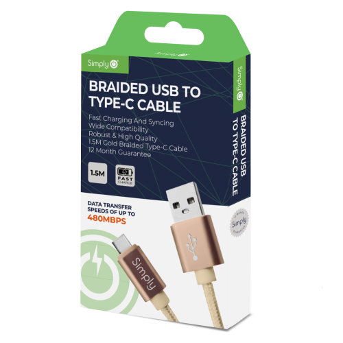 USB - TYPE C BRAIDED CABLE 1.5M GOLD