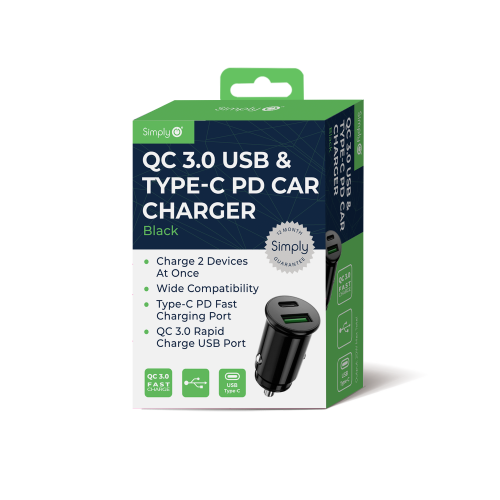 QC 3.0 USB & TYPE-C PD CAR CHARGER BLACK